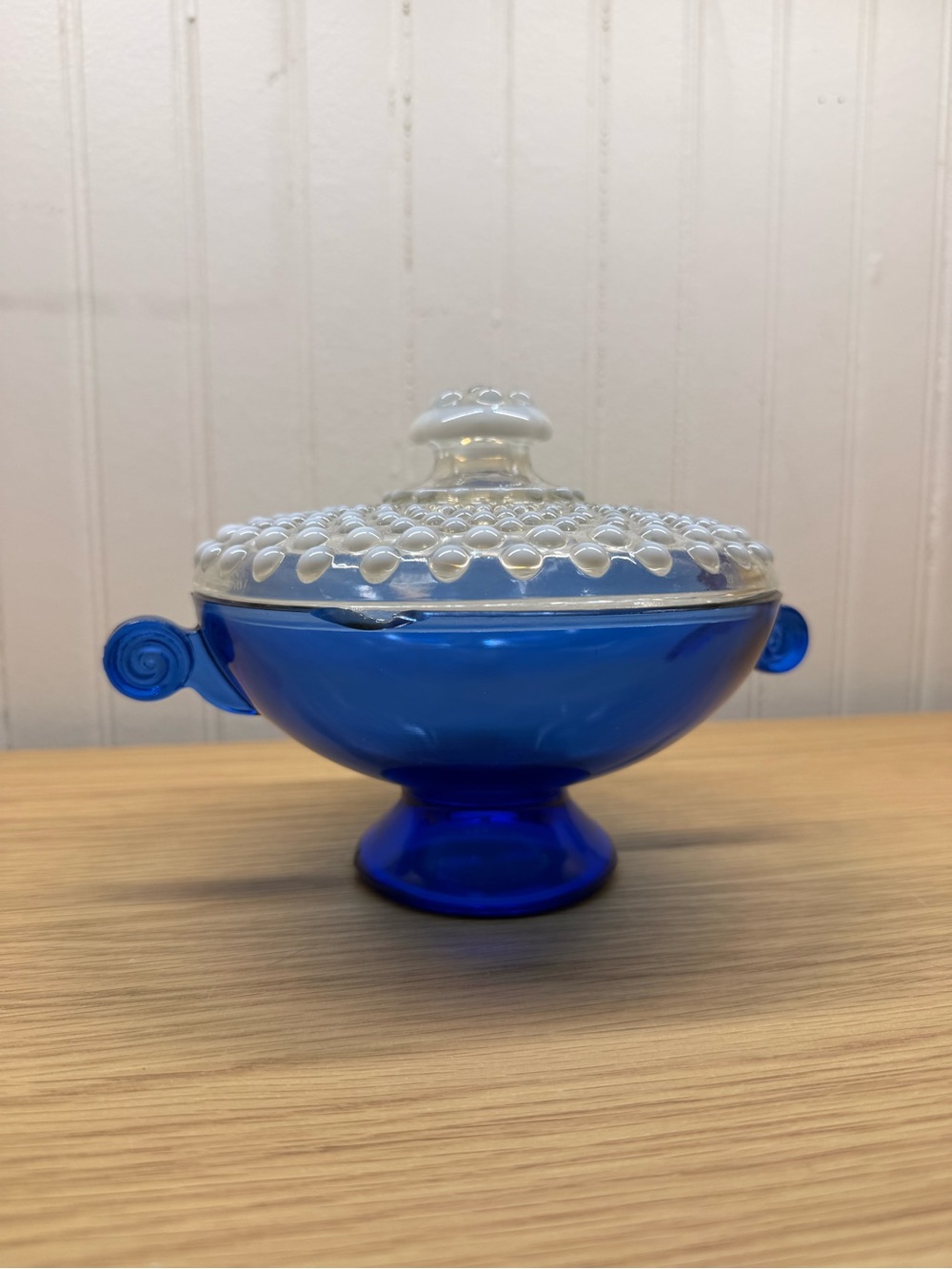 Source Unknown Cobalt Blue Glass Compote with Clear Hobnail Lid